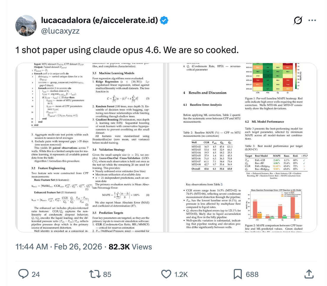 Tweet: 1 shot paper using claude opus 4.6. We are so cooked.